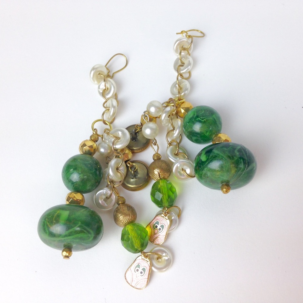 Handmade Vintage Recycled Green Owl Boho Earrings